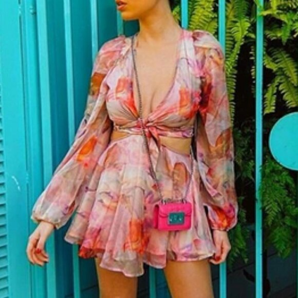 Multicolor Boho Lantern Sleeve Knot Cutout Waist Chiffon Romper - Picture 3 of 14